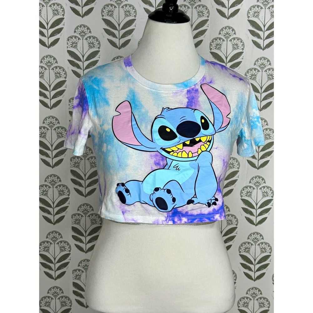 Disney Stitch Tie-Dye Cropped Crew Neck Short Sleeve T-Shirt XS Purple Blue